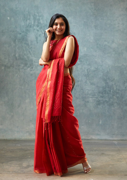 Handwoven Red Bengal Cotton Sequin Saree